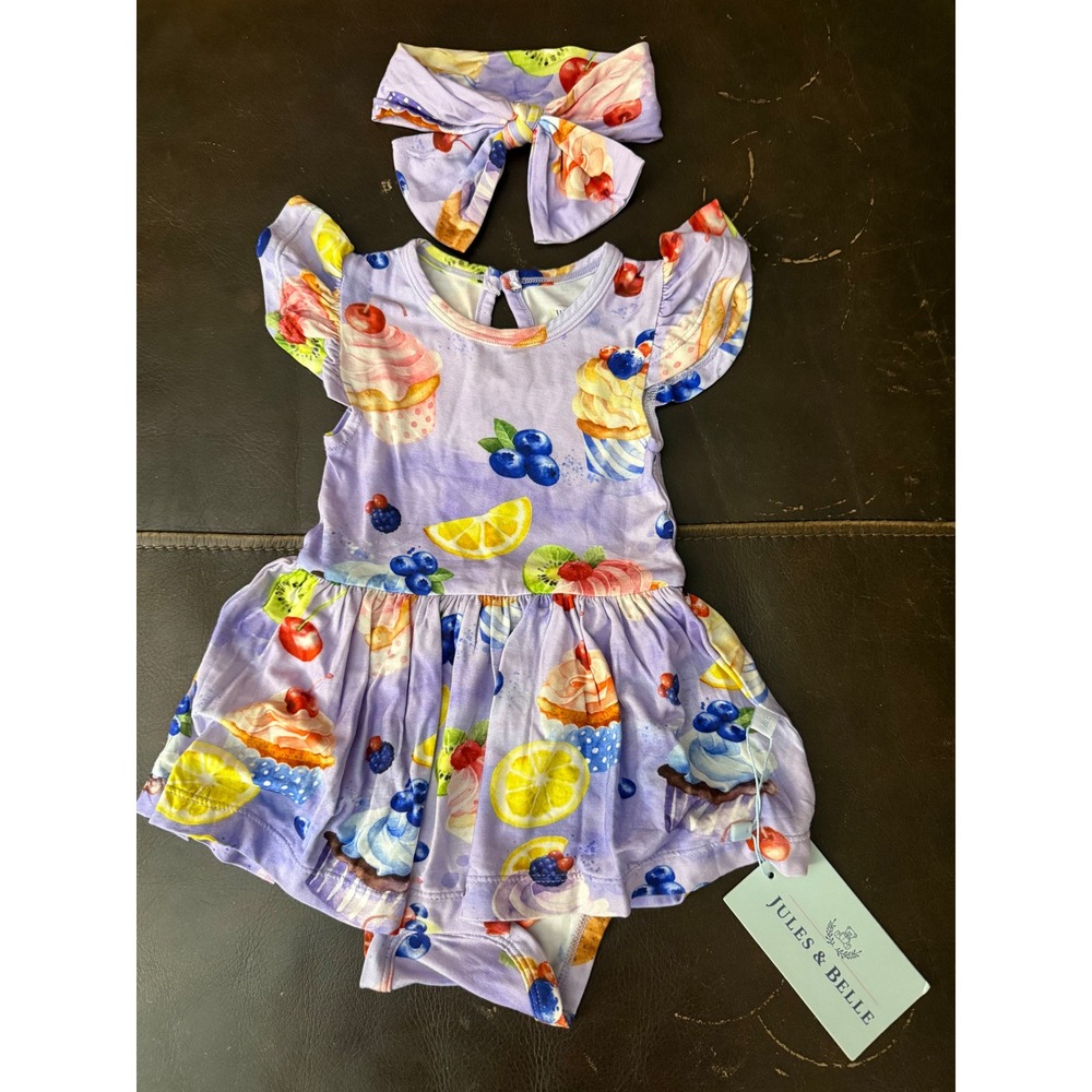 Jules & Belle Bamboo Cupcake Fruit Romper Dress & Headband Set 3-6 Months Purple